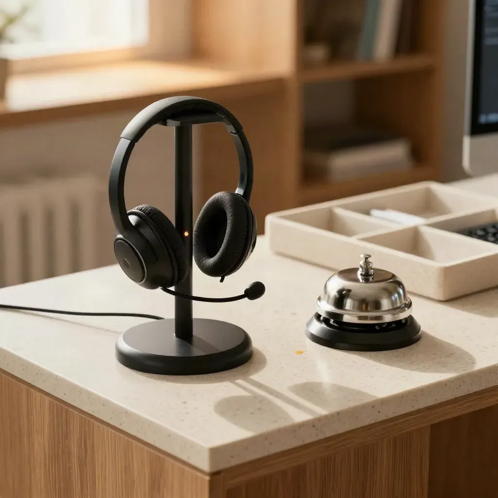 Headset op laadstand naast bel en reply tray in warme supporthoek met zacht daglicht.