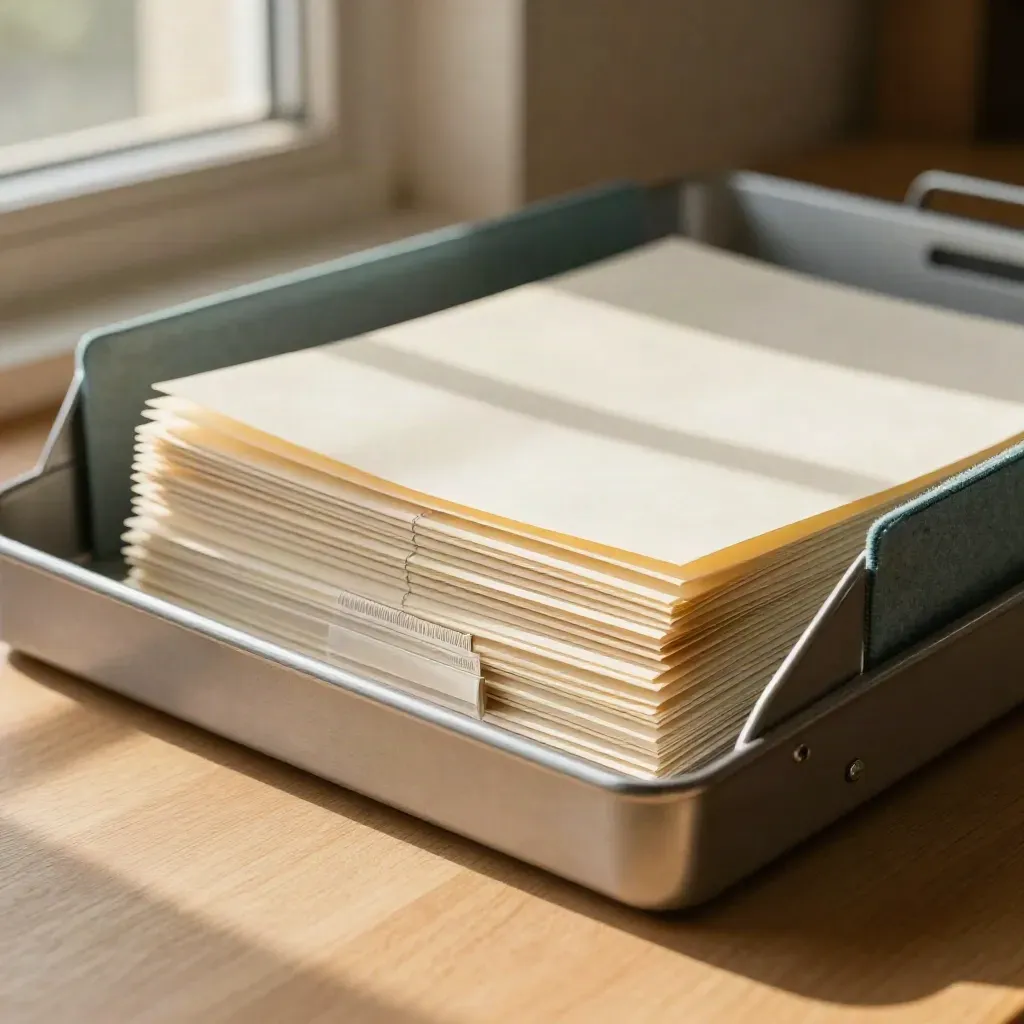 Macro van een opgeruimde inboxtray met drie gesorteerde stapels in warm daglicht.