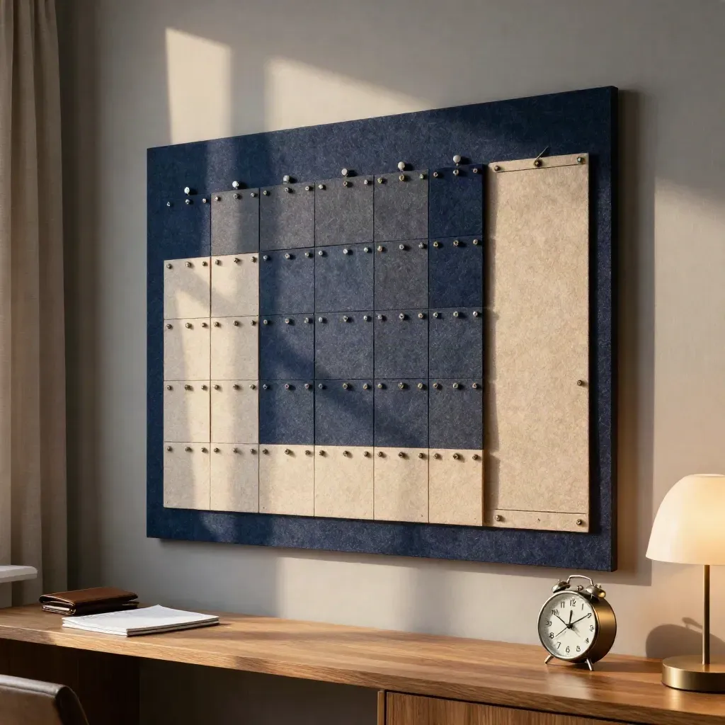 Rustige plannerwand met magnetische blokken en een klein klokje in warm daglicht.