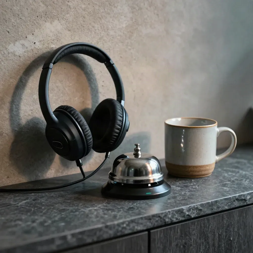 Zwart headsetstation met bel, laadvoet en koffiering op leisteen, met zachte teal gloed.