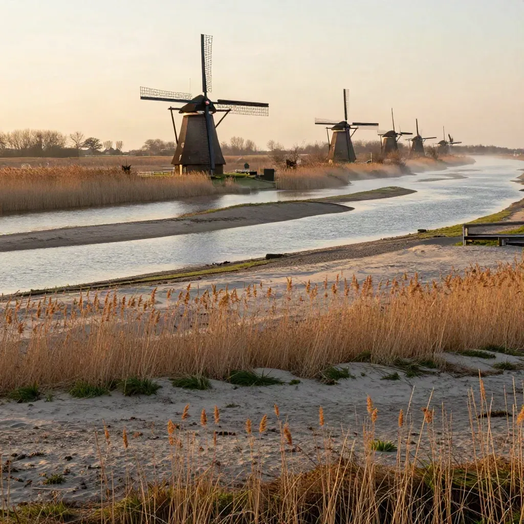 Kinderdijkse windmolens boven riet en water in warm avondlicht, met mistige ruimte voor tekst.